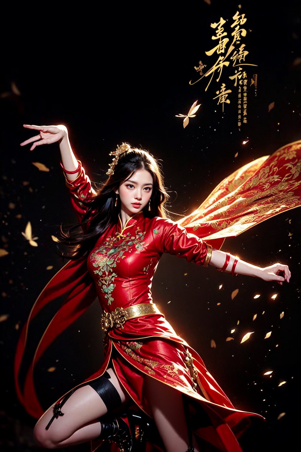 The image has a digital photography art style that resembles a promotional poster.  The composition shows a woman wearing traditional Chinese clothing, with a dynamic posture that emphasizes movement.  She wore a long red dress with delicate details and lace-up boots.  Showcase dynamic moves of Chinese martial arts.  The background features warm golden tones with flying fabric elements and calligraphy that enhance the drama.  The overall aesthetic suggests that this is a fusion of historical and fantasy themes.