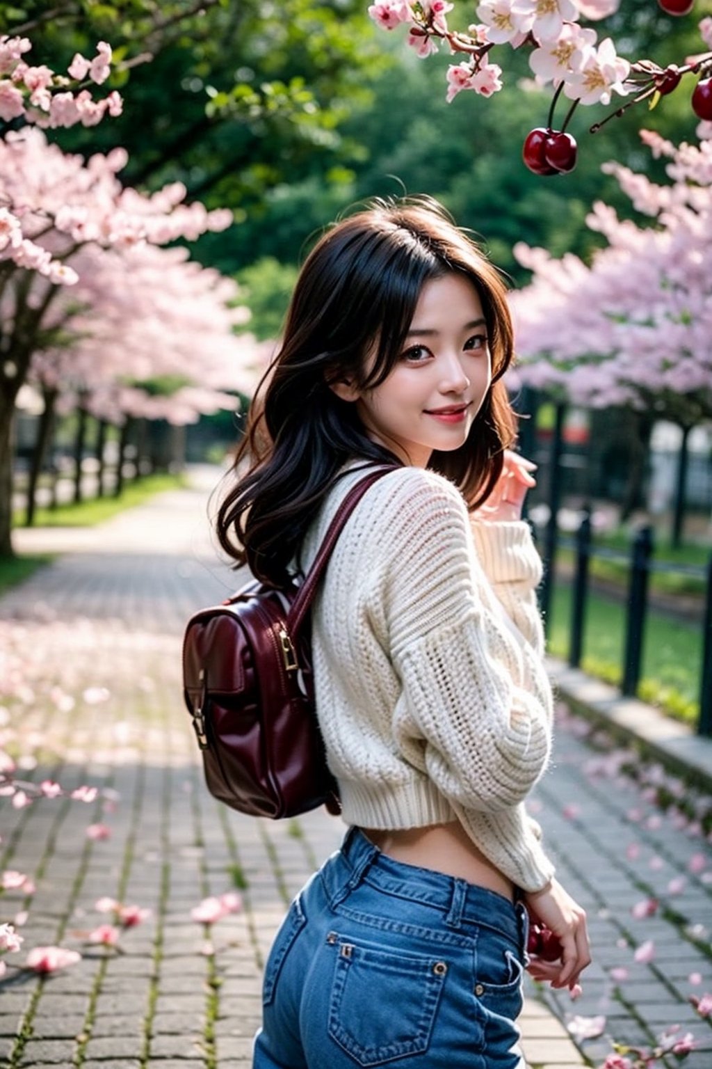 1girl, cowboy shot, solo, long hair, rear shot, turned and looking at the audience. Smile, curly hair, dark eyes, lips, cosplay, hands moving hair, reality. (((off-white sweater))), V-neck, midriff, medium breasts, cleavage. Blue jeans. ((Dark Brown Backpack)). Wide lens. Cinema lighting. In spring, (((Dense cherry blossom path))), there are also cherry blossom petals on the ground.