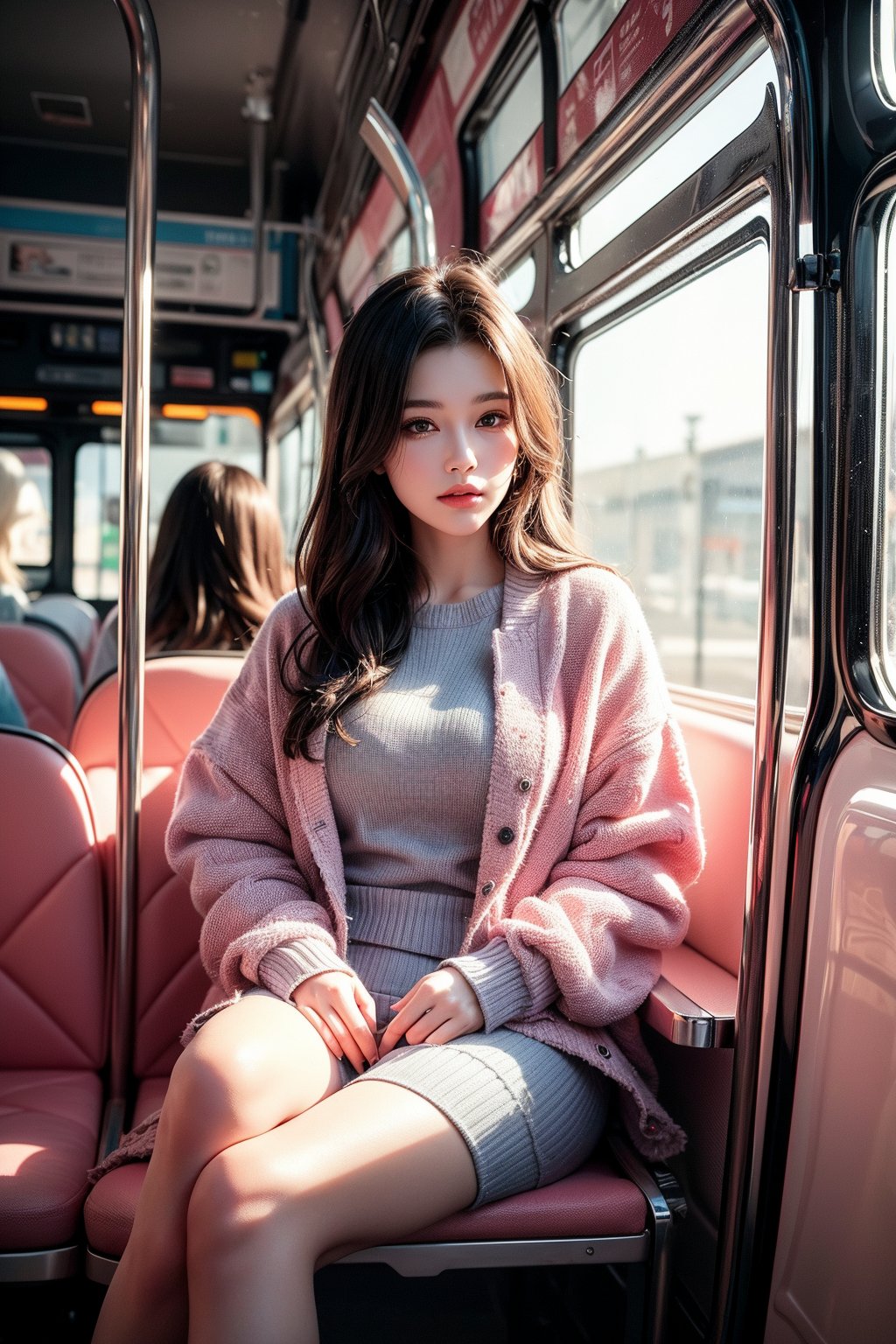 Presenting a bright and realistic style. At the center of the composition is a young woman sitting inside a modern, bright bus. Dressed casually in a light sweater and pink coat, she looked out with a soft smile. The bus seats are covered in blue geometric-patterned fabric, adding a splash of color. Large windows partially reveal the scene of rain outside, enhancing the warm atmosphere inside. The orange armrests and lavender seat headrests are clearly visible, providing structural elements to the scene. The overall atmosphere is calm and reflective.