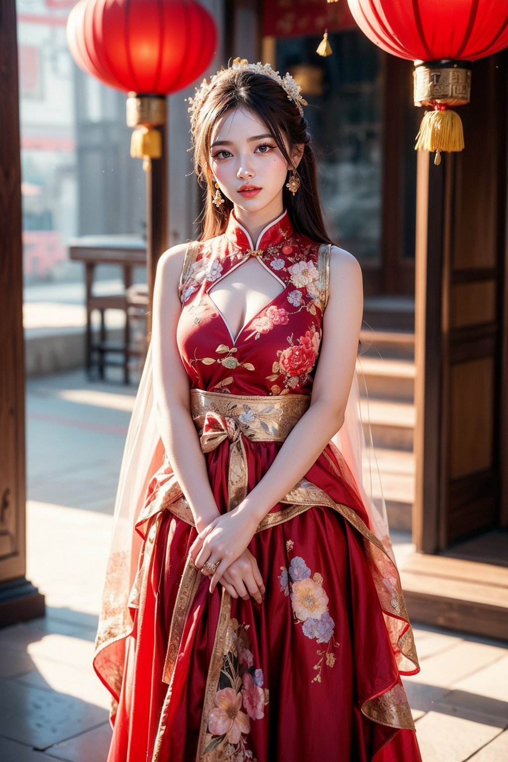 Standing, sideways, turning to look at the viewer, a girl wears traditional Han Chinese wedding attire, consisting of a beautifully embroidered bright red gown with a stand-up collar and a long skirt, with delicate floral embellishments and a decorated headdress with hanging strands of jewelry. and floral accessories, (((radiate a bright smile and joy))), Chinese architecture, red, golden yellow, red lanterns, Photography, Masterpiece, Best Quality, 8K, HDR, Nikon AF-S 105mm f/1.4E ED ,