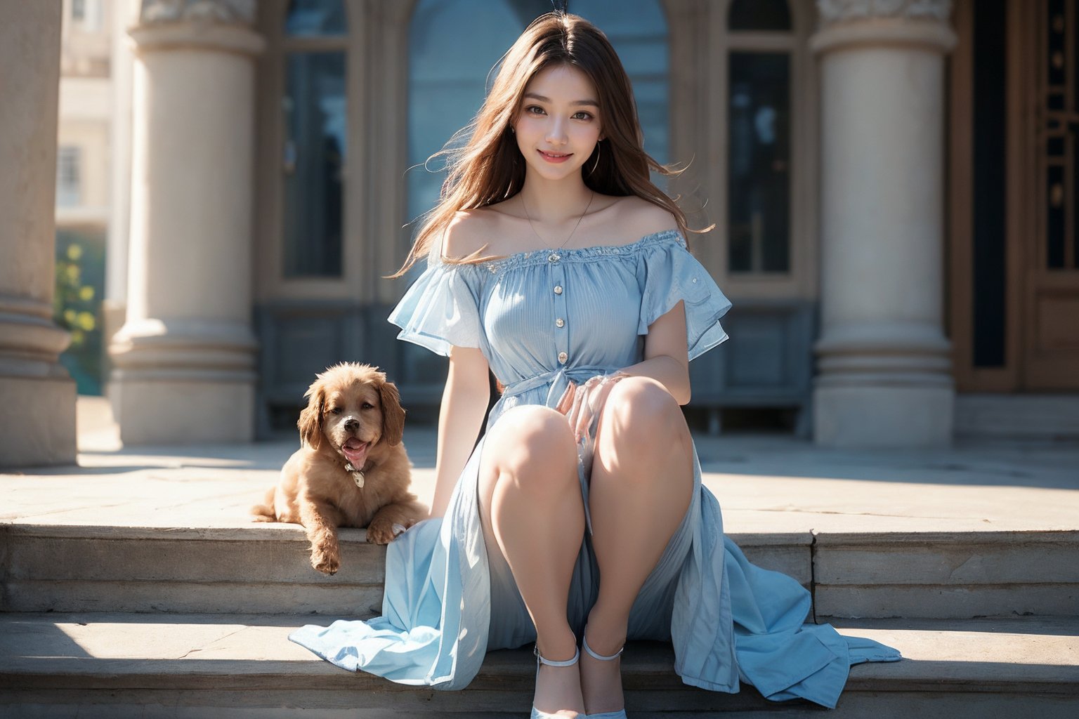 Super wide-angle panoramic shooting.    A vast and secluded garden castle.  ((( 1 girl, 1 dog))).    (((The girl squats sideways and plays with a puppy))).    (((The girl has long brown hair, medium chest, and is wearing a light blue denim short-sleeved mid-length dress.))) The dress has a square neckline, short sleeves, a row of buttons in the front, and a black belt tied around the waist belt.    The background is blurred.    The soft light enhances the ethereal dreamlike feel of the scene.    The calm expressions and elegant gestures of the figures, combined with the harmonious blend of natural and architectural elements, create a calming beauty.    The costumes and environments highlight the combination of fantasy and reality, emphasizing the artist's attention to detail and vibrant colors.