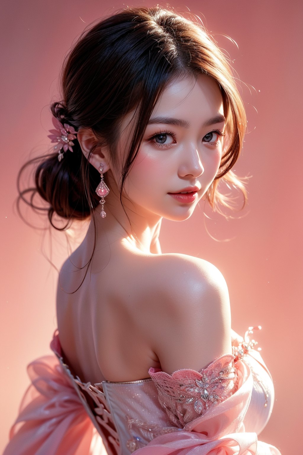 This photo is done in a modern, high-fashion style and could be the work of a contemporary portrait photographer.  It features a centered composition of a young Taiwanese woman standing in front of a solid pink background.  She wore an elegant off-the-shoulder pink gown with delicate lace patterns and rhinestone detailing.  Her dark hair was neatly styled and she accessorized with pearl earrings and a simple ring.  This image emphasizes softness and elegance, highlighted by soft tones and soft light, creating a dreamy atmosphere.  The woman's gentle smile and relaxed posture enhance the elegance and tranquil beauty of the entire portrait.