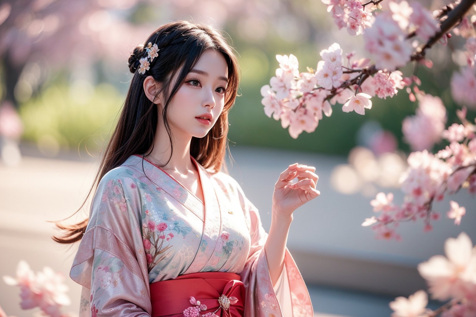 This image uses a surrealist art style and may have been created by several artists. The painting depicts a woman in traditional Japanese clothing standing among blooming cherry blossom trees. The focus of the composition is her graceful posture, with petals falling around her as she reaches upward. The background is filled with bright pink flowers, rainbows, and soft glow through the tree branches. Her kimono has a delicate floral design and her hair is adorned with matching flowers. This scene creates a sense of tranquility and harmony with nature. Other figures and elements are blurred to ensure that the woman is the focus of the image.