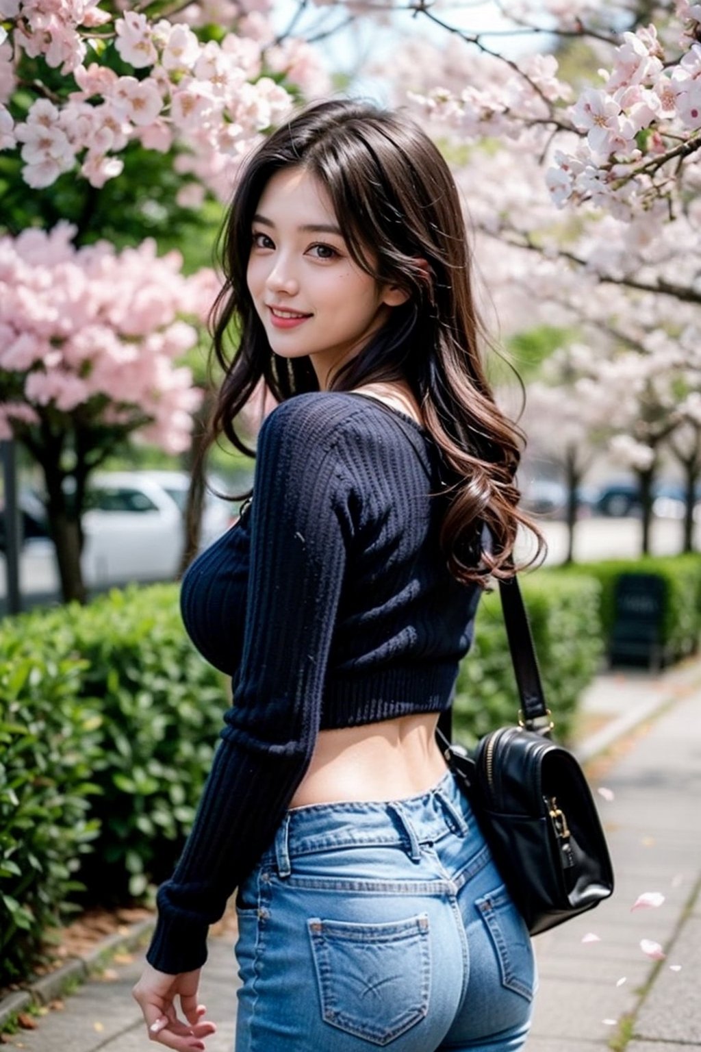 1girl, cowboy shot, solo, long hair, back shot, turned to look at the audience, looking at the audience, smile, curly hair, wide shot, movie lighting, spring, dense cherry blossom path with cherry blossom petals on the ground, dark eyes, lips, character cosplay, hands on face, realistic, off-white sweater, V-neck, midriff, medium breasts, cleavage, blue jeans, dark brown backpack