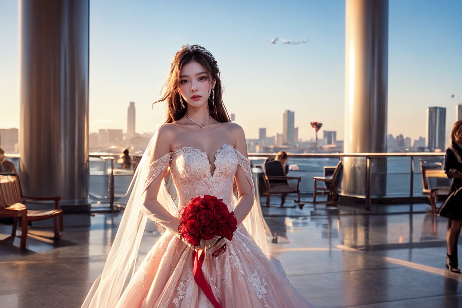 1 girl, wearing an exquisite low-cut pink lace wedding dress with medium bust, holding a bouquet of red roses. She stood on the airport runway, facing the audience, with a large passenger plane flying low overhead. The background shows a city skyline at sunset, casting a warm glow over the entire scene. The runway stretched to the horizon, and another plane could be seen in the distance. The overall atmosphere combines elegance with surreal elements, an effect created by the juxtaposition of formal attire and the airport backdrop.
