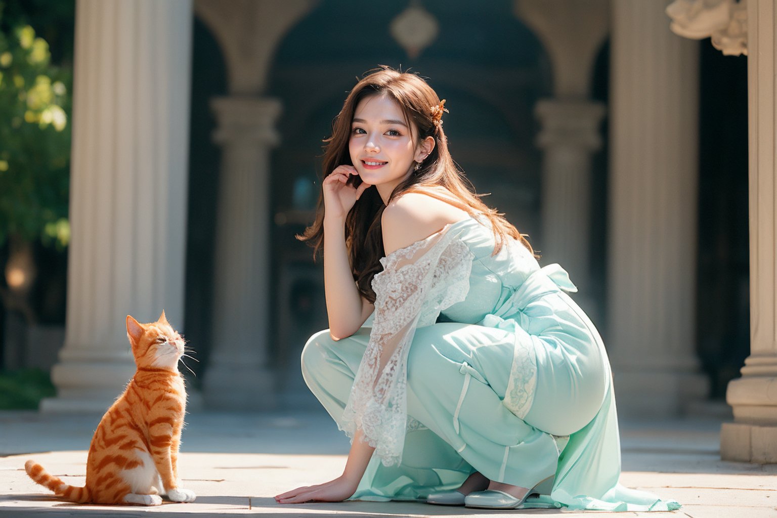 Super wide-angle panoramic shooting.  A vast and secluded garden castle.  ((Complete White Castle Architecture)).  ((( 1 girl, 1 cat ))).  An elegant woman, (((crouching sideways, playing with a little orange cat))).  The girl has long brown hair, medium breasts, and is wearing a light blue denim short-sleeved midi dress.  The dress has a square neckline, short sleeves, a row of buttons at the front, and a black belt around the waist.  The background is blurred.  The soft light enhances the ethereal dreamy quality of the scene.  The serene expressions and graceful gestures of the subject figures, coupled with the harmonious blend of natural and architectural elements, evoke a calm beauty.  The dress and environment highlight the combination of fantasy and reality, emphasizing the artist's attention to detail and vibrant colours.