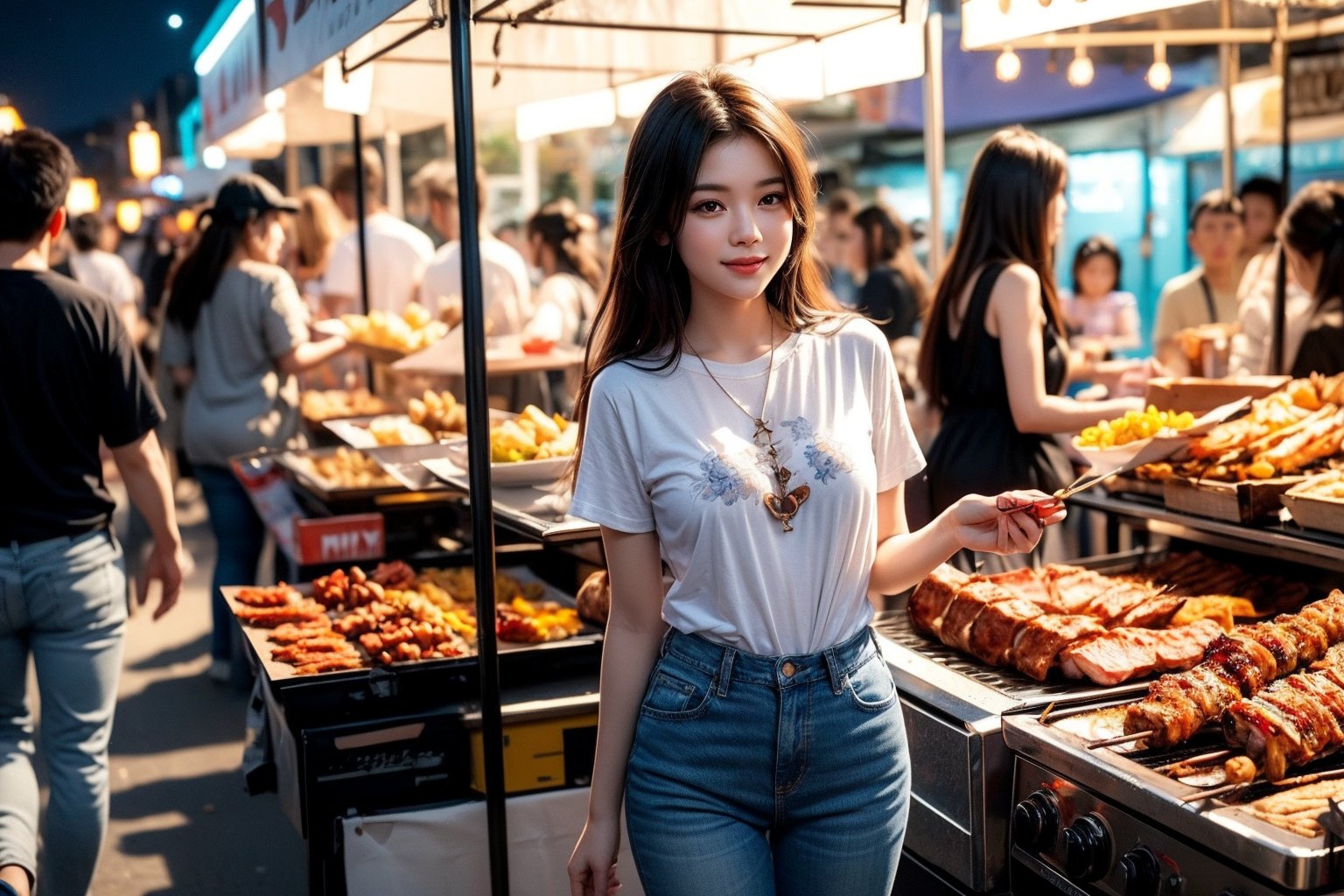 Presents a realistic style. Shot at ultra-wide angle. night. In the center of the composition is a young woman wearing a white short-sleeved T-shirt and blue jeans. With a gentle smile. While strolling through a night market filled with tourists and food vendors, I was holding a shopping bag in one hand and a kebab in the other. Eating barbecue. Provides structural elements to the scene. The overall atmosphere is casual and pleasant.