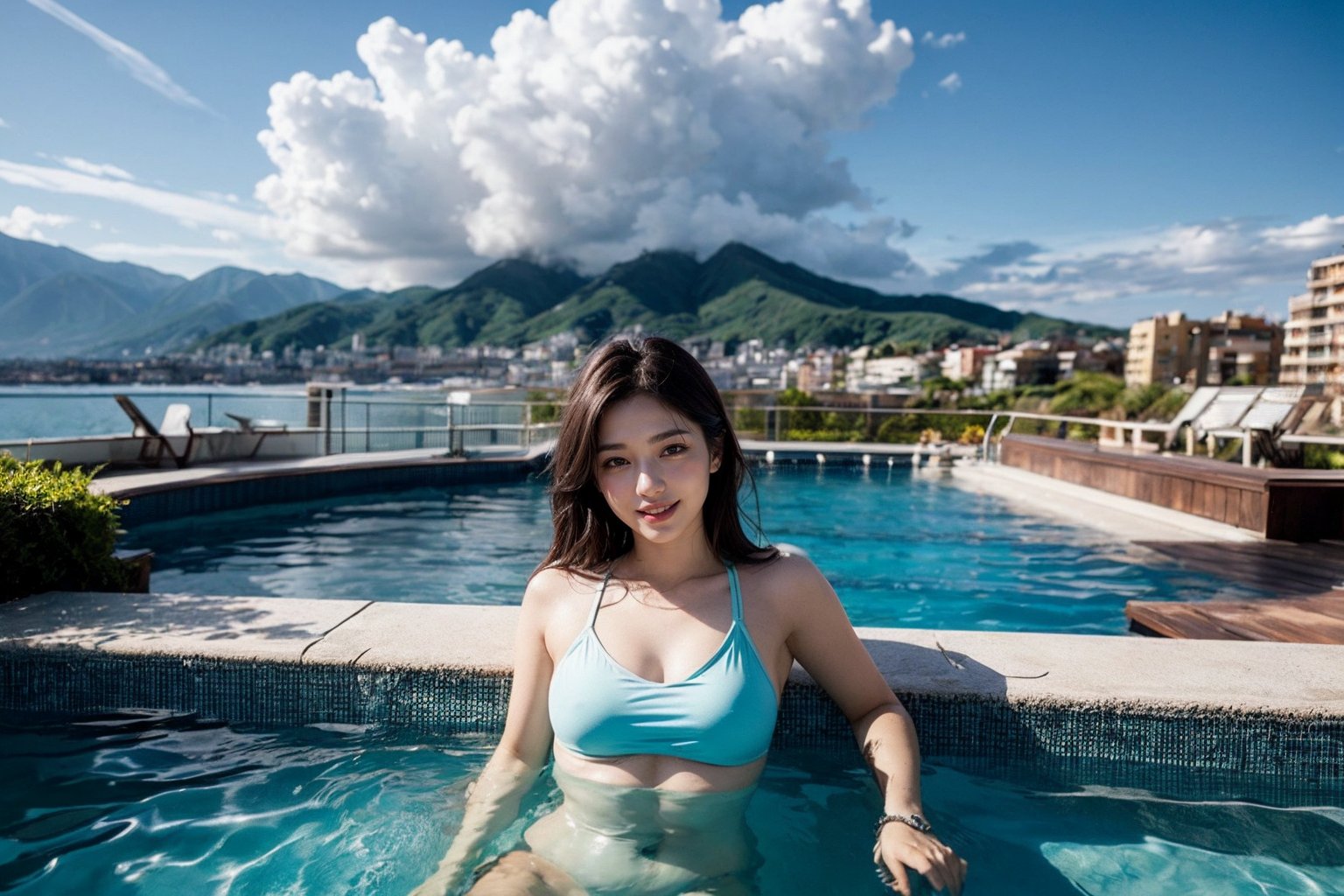 The image has a contemporary photographic art style. It showcases a woman in a pool on a rooftop, with a focus on her figure, smiling towards the camera. The composition features the woman as the main subject at the center of the frame, with her upper body emerging from the water. The background features a coastal cityscape with buildings, industrial structures, and distant mountains under a cloudy sky. The pool's edge is adorned with decorative stones, enhancing the serene and leisurely atmosphere of the scene.