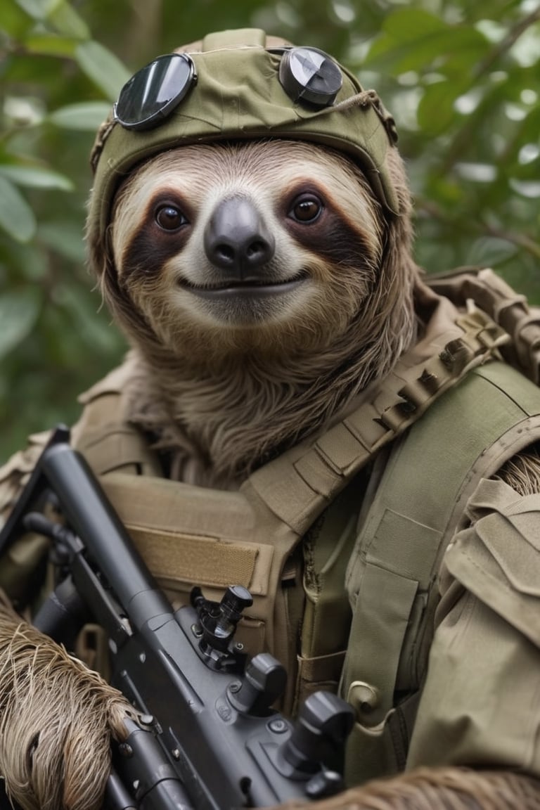 Super wide angle photography of a sloth wearing modern military gear exuding a powerful and commanding aura. Dressed in tactical gear designed for efficiency and functionality, the sloth blends seamlessly into its surroundings through camouflage patterns and durable fabrics, holding an advanced rifle , wearing an advanced military helmet, its keen eyes accurately survey the terrain, humans, MW, more reasonable details,