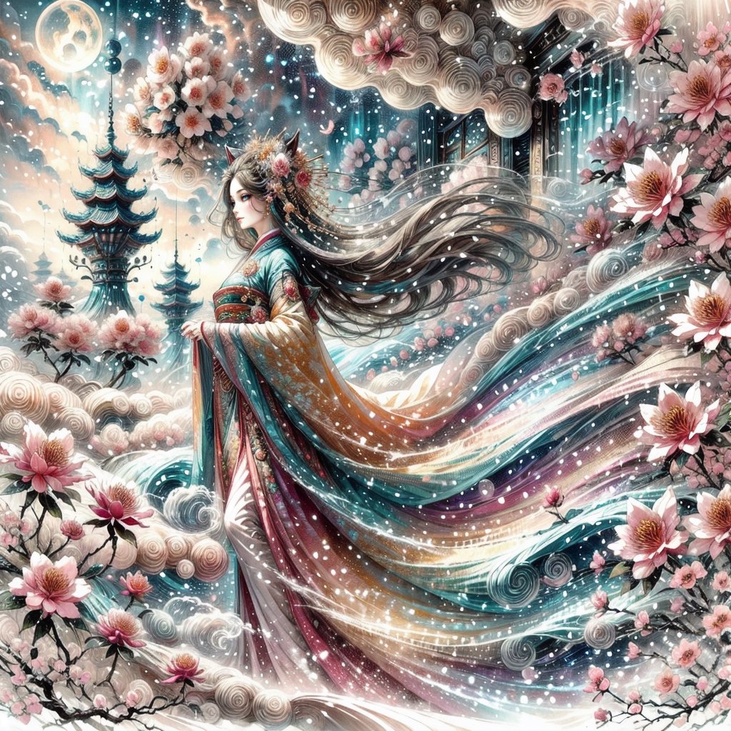 pretty girl , full makeup , big eyes , cats ears , smile looking far away ,in an elaborate costume,  in a fantasy landscape filled with floating planets, ((dreamy atmosphere)), magical, vivid colors, ((otherworldly)), detailed fantasy setting, (best quality),

half bogy, detailed hanfu with gold dragon, walking downstairs , full of lotus flowers , windy , wavy