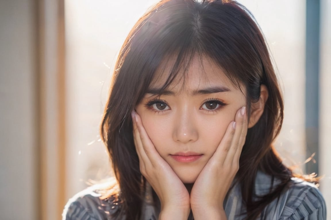 Cute Japanese woman in her 20s, sideways face, stylishly dressed, hands folded in front of her face, depressed, bright sunlight background