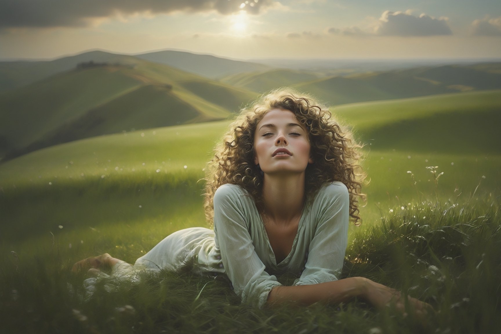 Using realistic rendering techniques, create a breathtaking 3D landscape of rolling hills and vibrant green fields. In the center of the scene, a young woman with long, curly hair rests in the grass, her legs lifted towards the sky and her arms outstretched. The soft, muted colors and delicate details of the scene evoke a sense of tranquility and beauty.