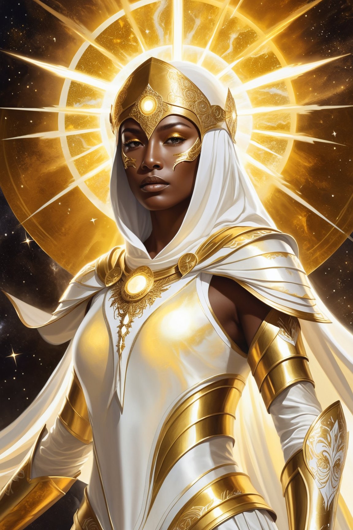 A breathtaking digital painting of a celestial woman, embodying the essence of light and darkness. The woman is dressed in immaculate white and golden armor, with a white helmet adorned with intricate golden designs. She wields a golden rapier that glows with a divine light. The celestial aspects of the character are accentuated by the golden sun background, which radiates warmth and power. The artwork is rendered in a detailed dark fantasy style, with a blend of traditional and digital techniques. The overall effect is an enchanting, otherworldly image that captivates the viewer and transports them into a realm of magic and mystery., photo, illustration, dark fantasy, painting, 3d render