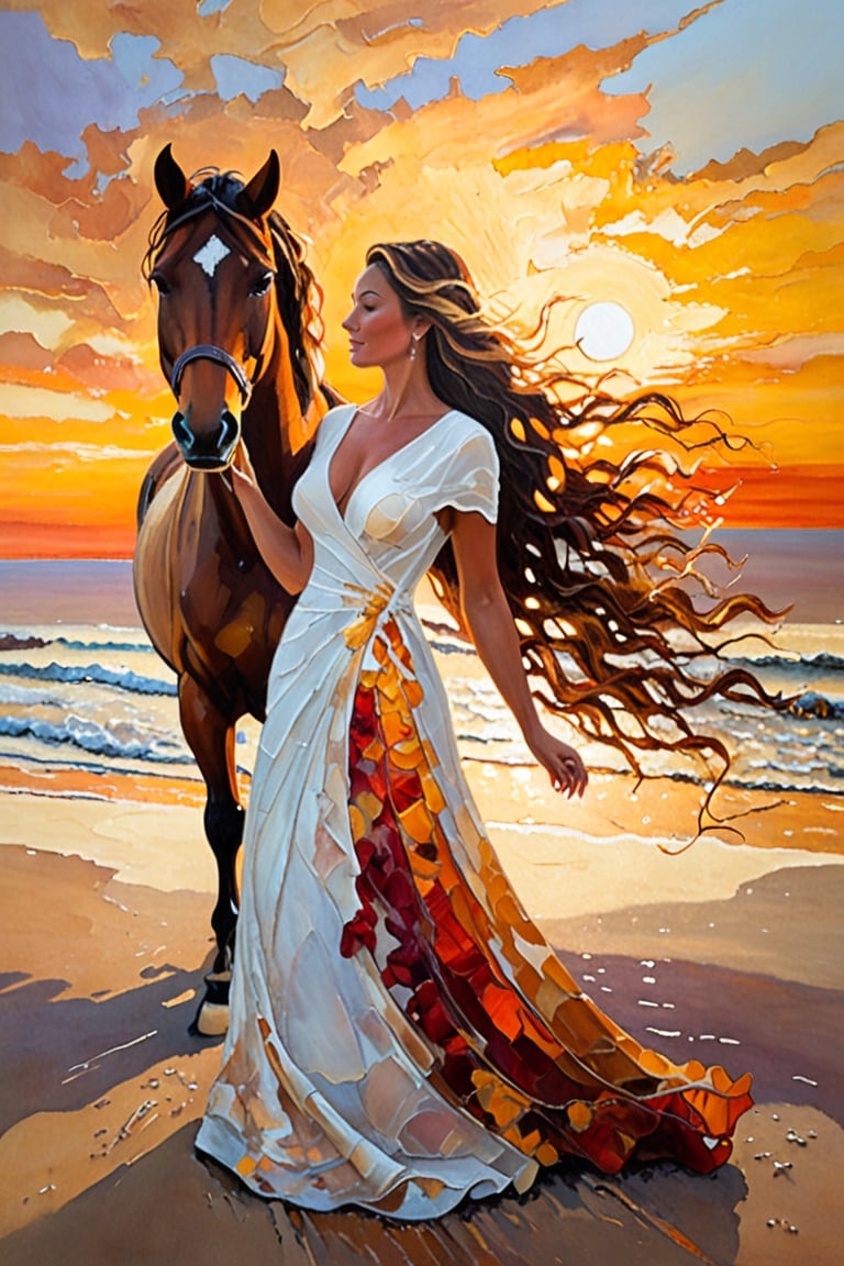 A stunning painting captures a tender moment between a woman and her majestic horse, using the palette knife technique to create rich texture and depth. Warm, earthy colors of orange, red, brown, and yellow dominate the scene, further emphasizing the intimate connection between the two. The woman, dressed in a flowing white linen gown, walks confidently towards the viewer, her curves accentuated by the golden sunlight that creates a soft, translucent effect on her garment. The dramatic sunset at the beach and the distant city skyline serve as a serene backdrop, with the sun casting a warm, golden glow over the entire scene. The artist masterfully blends color and texture, capturing the essence of tranquility and immortalizing this unforgettable moment in time.