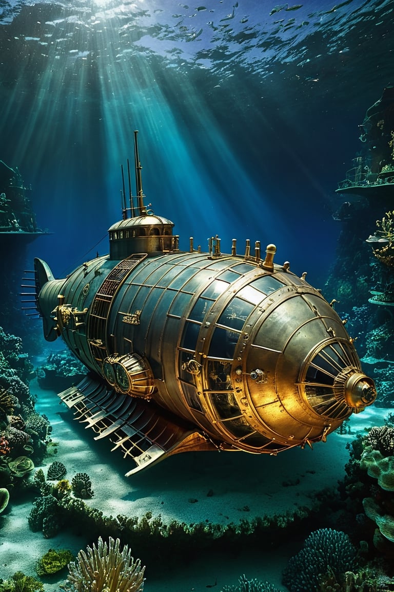 national geographic's photography of a steampunk nautilus submarine, wide angle sea cam, beautiful deep-sea strobe lighting, underwater caustics, photon mapping and radiosity techniques, very detailed, twenty thousand leagues under the seas and journey to the center of the earth, the extraordinary voyages of jules verne, art nouveau scenario by fritz lang and pieter bruegel, bernardo belloto and ansel adams landscape, the abyss vfx by james cameron