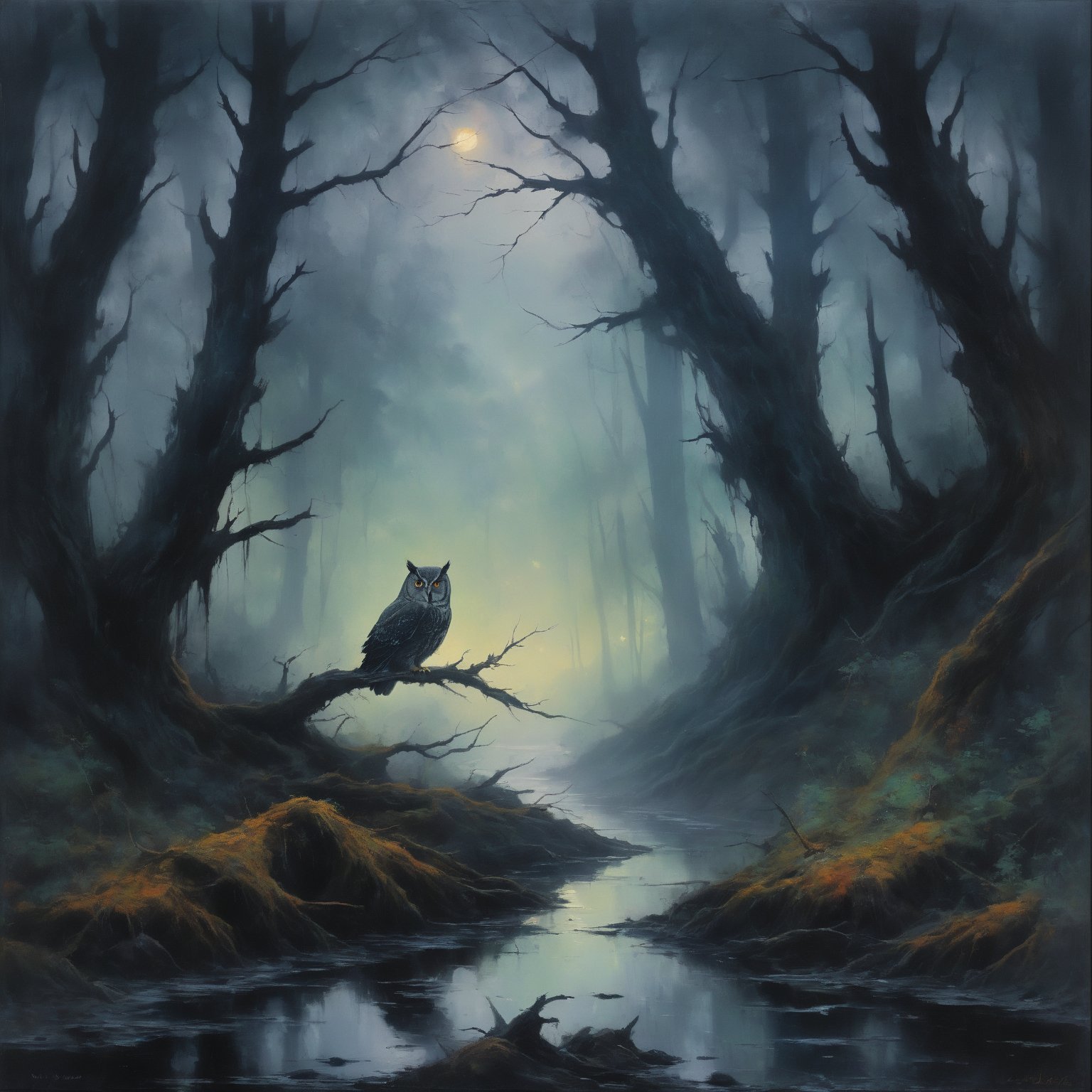 A captivating oil painting of a dark, gloomy forest shrouded in dense fog. The rain is pouring down, and the trees appear twisted and gnarled. The path is muddy, with puddles reflecting the somber, overcast sky. In the distance, a mysterious silhouette of an owl perches on a branch, watching over the scene. The colors used in the painting are mostly dark blues, grays, and deep greens, with hints of gold and orange in the sky to create a sense of depth and atmosphere., painting