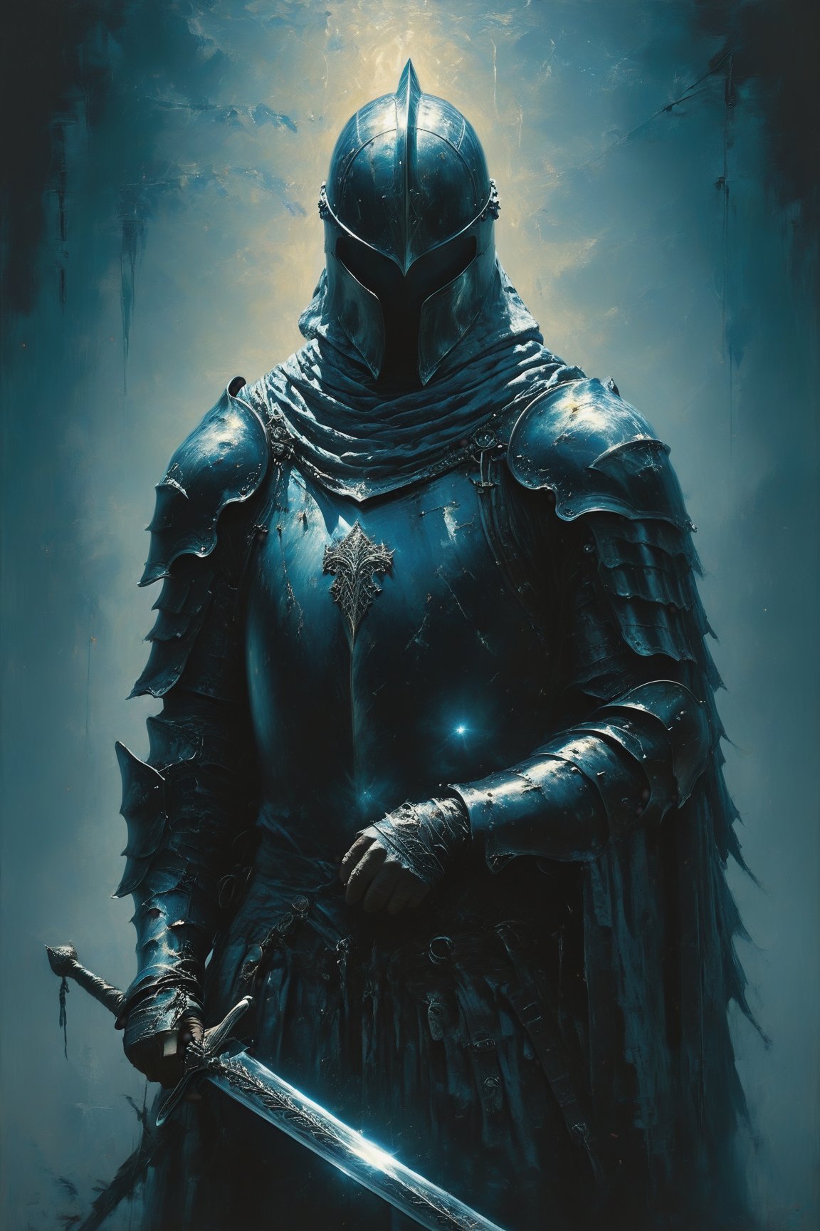 A sorrowful ebony-clad knight, his head bowed in reverence, clutches a shimmering sword aglow in ethereal azure light. The visage of the knight exudes an air of melancholy, his armor weathered yet still radiating strength. This stunning portrayal, most likely a painting, captures the knight's somber demeanor with detailed precision and expert use of contrasting colors. From the gleaming blue of the sword to the matte black of the knight's armor, every aspect of the image showcases a masterful blend of light and shadow.