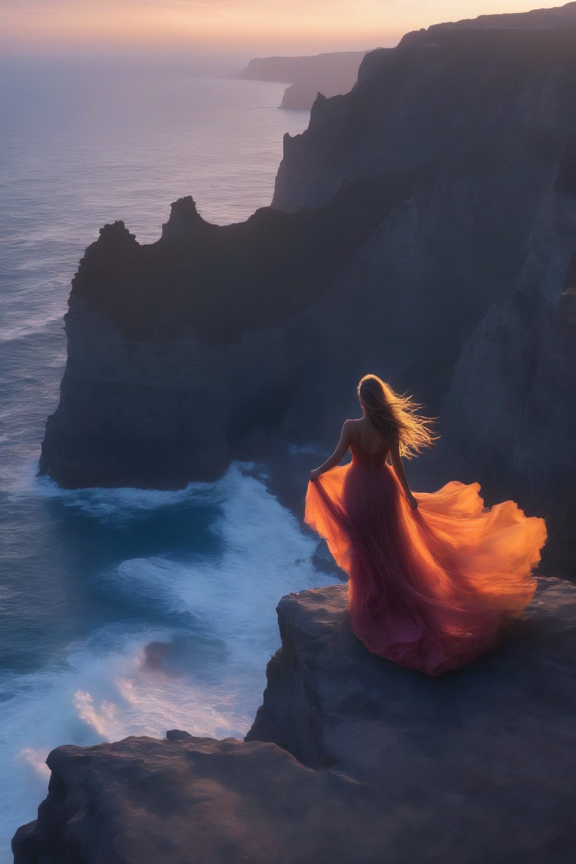 In this exquisitely detailed, hyper-realistic 3D digital illustration, the grandeur of nature's beauty is brilliantly captured in a scene set on a majestic cliff overlooking an awe-inspiring ocean. The cliff's rugged rock formations lead the viewer's eye toward the distant horizon, while the ocean below reflects the vibrant hues of a sunset, ranging from fiery oranges and deep reds to cooler purples and blues. The interplay of light creates a dynamic and captivating scene.

At the cliff's edge, a solitary female figure stands, her ethereal presence both commanding and serene. Her windswept hair flows gracefully in the dramatic lighting, adding a sense of movement and dynamism. Clad in a transparent, flowing dress that seamlessly blends with the surroundings, the figure emphas, photo, painting, illustration, fashion