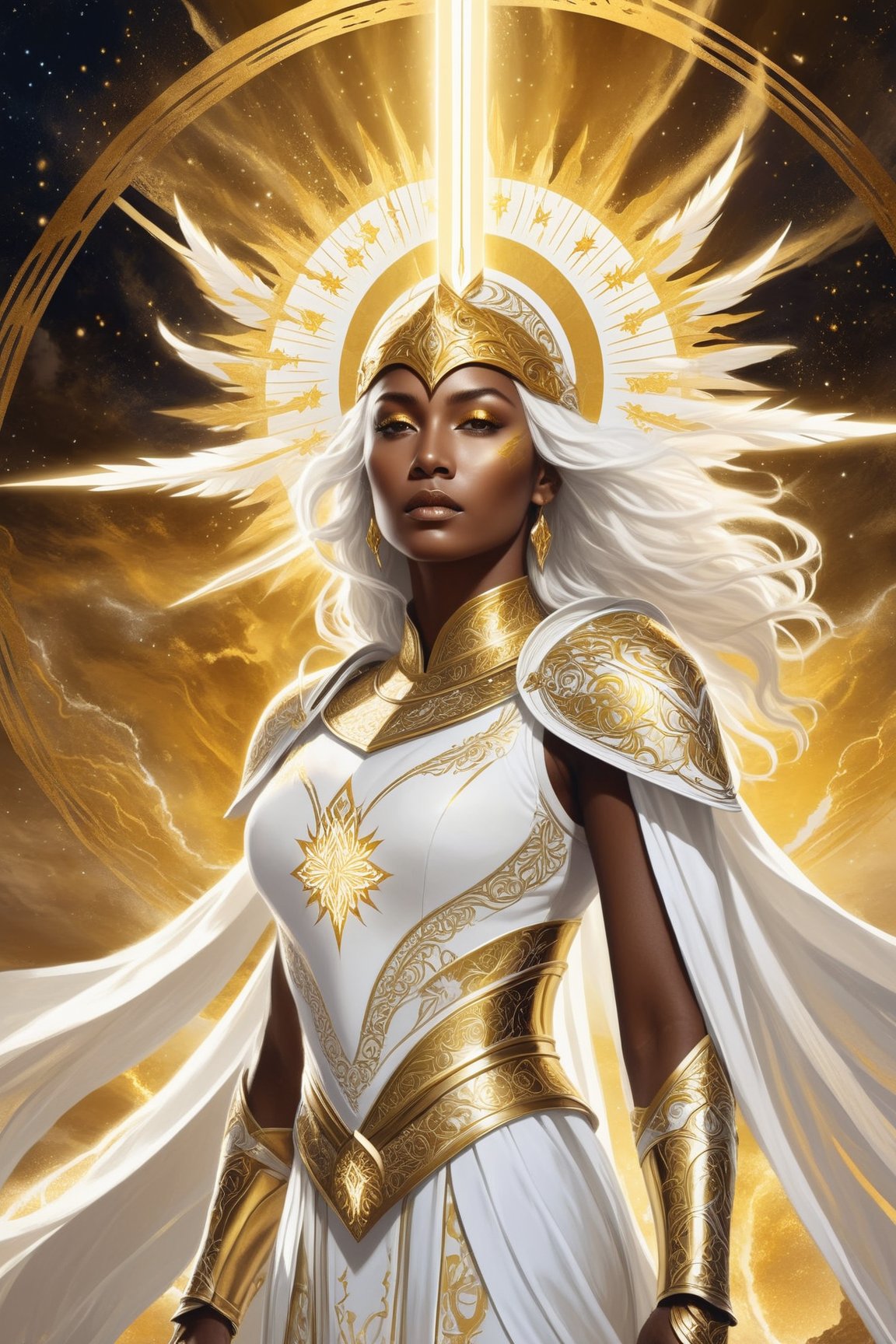 A breathtaking digital painting of a celestial woman, embodying the essence of light and darkness. The woman is dressed in immaculate white and golden armor, with a white helmet adorned with intricate golden designs. She wields a golden rapier that glows with a divine light. The celestial aspects of the character are accentuated by the golden sun background, which radiates warmth and power. The artwork is rendered in a detailed dark fantasy style, with a blend of traditional and digital techniques. The overall effect is an enchanting, otherworldly image that captivates the viewer and transports them into a realm of magic and mystery., photo, illustration, dark fantasy, painting, 3d render