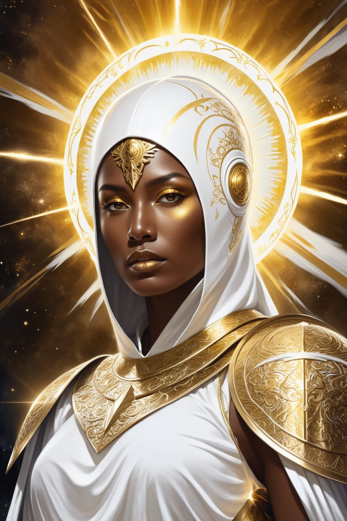 A breathtaking digital painting of a celestial woman, embodying the essence of light and darkness. The woman is dressed in immaculate white and golden armor, with a white helmet adorned with intricate golden designs. She wields a golden rapier that glows with a divine light. The celestial aspects of the character are accentuated by the golden sun background, which radiates warmth and power. The artwork is rendered in a detailed dark fantasy style, with a blend of traditional and digital techniques. The overall effect is an enchanting, otherworldly image that captivates the viewer and transports them into a realm of magic and mystery., photo, illustration, dark fantasy, painting, 3d render