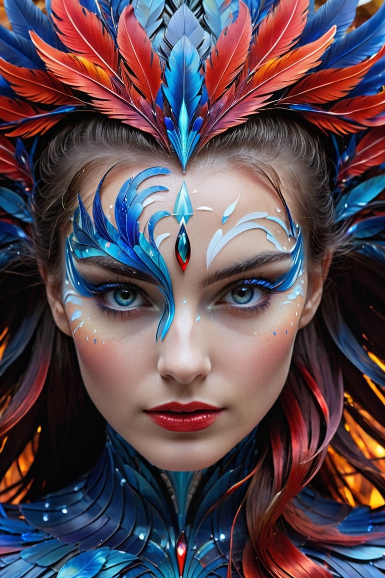 A captivating and enigmatic abstract portrait of a mythical phoenix woman, masterfully crafted through a harmonious fusion of intricate lines, shapes, and vibrant splashes of blue, red, and white. The fragmented nature of the portrait creates a multi-dimensional and layered effect, with piercing, emotional eyes that capture depth. The contemporary art style masterfully blends realism and abstract elements, creating a visually striking and original piece that defies traditional portraiture. The vibrant colors and unique composition evoke a sense of power and transformation, as the phoenix woman emerges from the ashes, symbolizing rebirth and renewal. Macro photography by Tsutomu Nihei captures the complex world of infinite color rainbow dewdrops, where Mika Asai's sparkling pearls of water reflect the sun's light, each drop acting as a pr