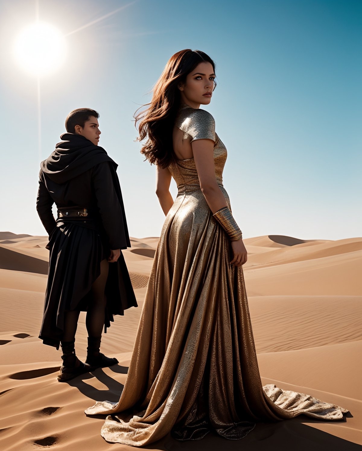 Step into the cinematic allure of Arrakis with an epic movie poster-style portrait featuring a formidable female warrior. The backdrop of endless sand dunes is illuminated by the twin suns, casting an atmospheric glow that wraps around the scene. The central focus is the silhouette of a desert warrior, dressed in intricate armor, her back to the audience. Her mysterious gaze is directed into the horizon, a symbol of strength and enigma against the harsh beauty of Dune. Her hair is tousled by the winds, adding a dynamic flair to the image. Dramatic lighting highlights the details of her battle-worn attire and the gleaming crysknife at her side. Embrace the enigma and strength of this desert warrior in a visually captivating Dune-inspired movie poster.