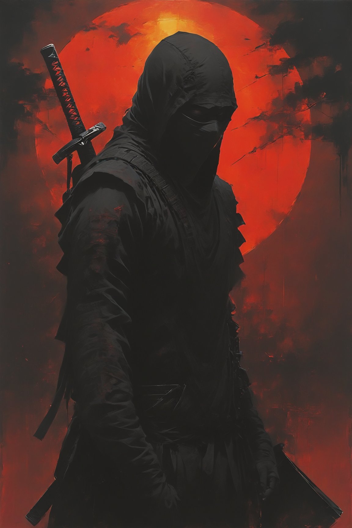 A mesmerizing ink art masterpiece featuring a stealthy ninja assassin in profile, rendered with angular lines and bold, vivid red hues. The warm golden light of a sunset casts a striking contrast against the black ink, accentuating the ninja's attire and weapons. The silhouette casts a shadow on the pristine white canvas, while the intricate dance of light and darkness adds to the overall intrigue. The artist's mastery is evident in the powerful and evocative composition, successfully encapsulating the mystique and dedication of a ninja warrior.