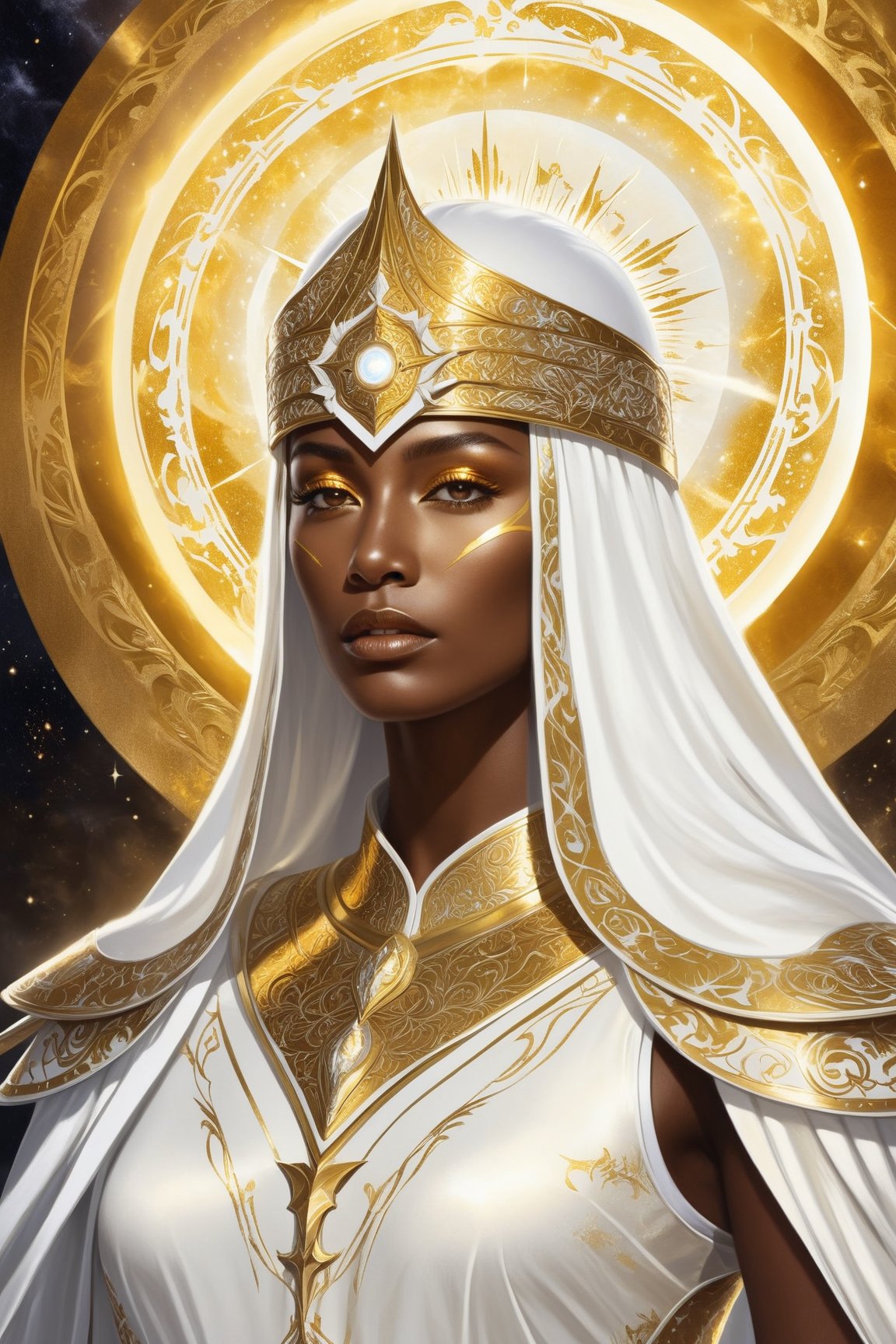 A breathtaking digital painting of a celestial woman, embodying the essence of light and darkness. The woman is dressed in immaculate white and golden armor, with a white helmet adorned with intricate golden designs. She wields a golden rapier that glows with a divine light. The celestial aspects of the character are accentuated by the golden sun background, which radiates warmth and power. The artwork is rendered in a detailed dark fantasy style, with a blend of traditional and digital techniques. The overall effect is an enchanting, otherworldly image that captivates the viewer and transports them into a realm of magic and mystery., photo, illustration, dark fantasy, painting, 3d render