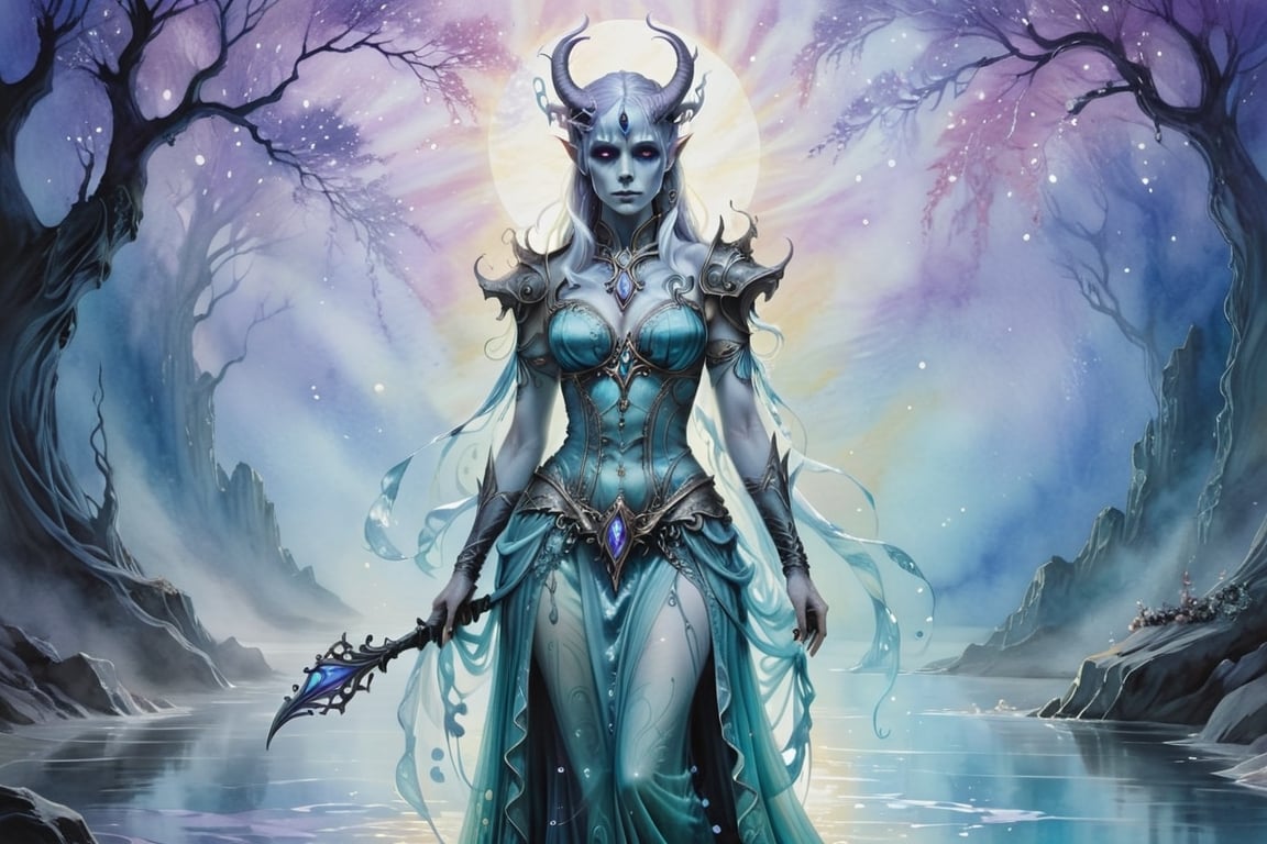 A luminous, ethereal draugr with intricate rococo-inspired attire, glowing softly in shades of aqua and lavender against a watercolor background. This stunning image is a painting, showcasing the undead figure in a delicate yet haunting manner. The draugr's flowing gown shimmers like moonlight on water, while delicate swirls of bioluminescence dance around its form. Every brushstroke is masterfully executed, capturing the eerie beauty of this spectral being with exquisite detail.