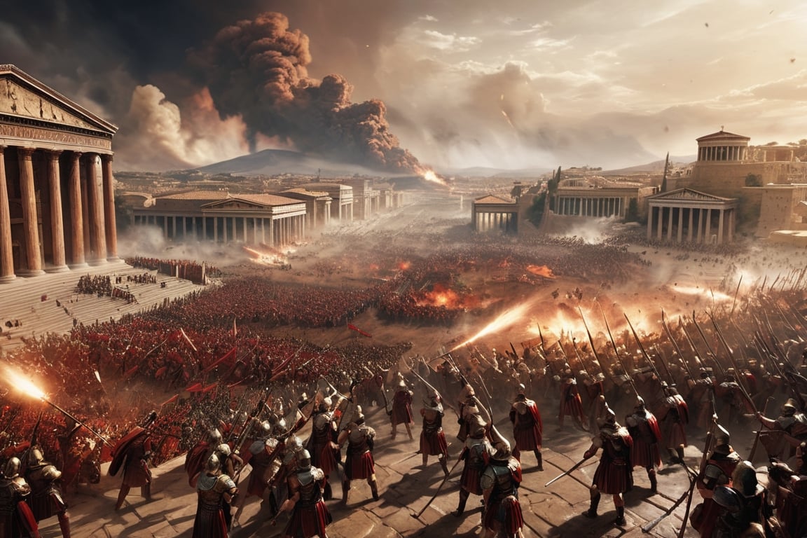 Generate an image depicting an ancient war scene during Julius Caesar's time, with Mars and his soldiers in victorious triumph, portrayed in a realistic historical art style reminiscent of classical paintings, captured from a dynamic aerial viewpoint to showcase the chaos and intensity of battle, with additional rendering details such as demonic Roman legionnaires in iconic armor and weaponry, triumphant expressions on their faces, dramatic lighting to emphasize the action, and a backdrop of a battlefield with elements like banners, weapons strewn about, and dust clouds to enhance the realism and narrative of the scene.