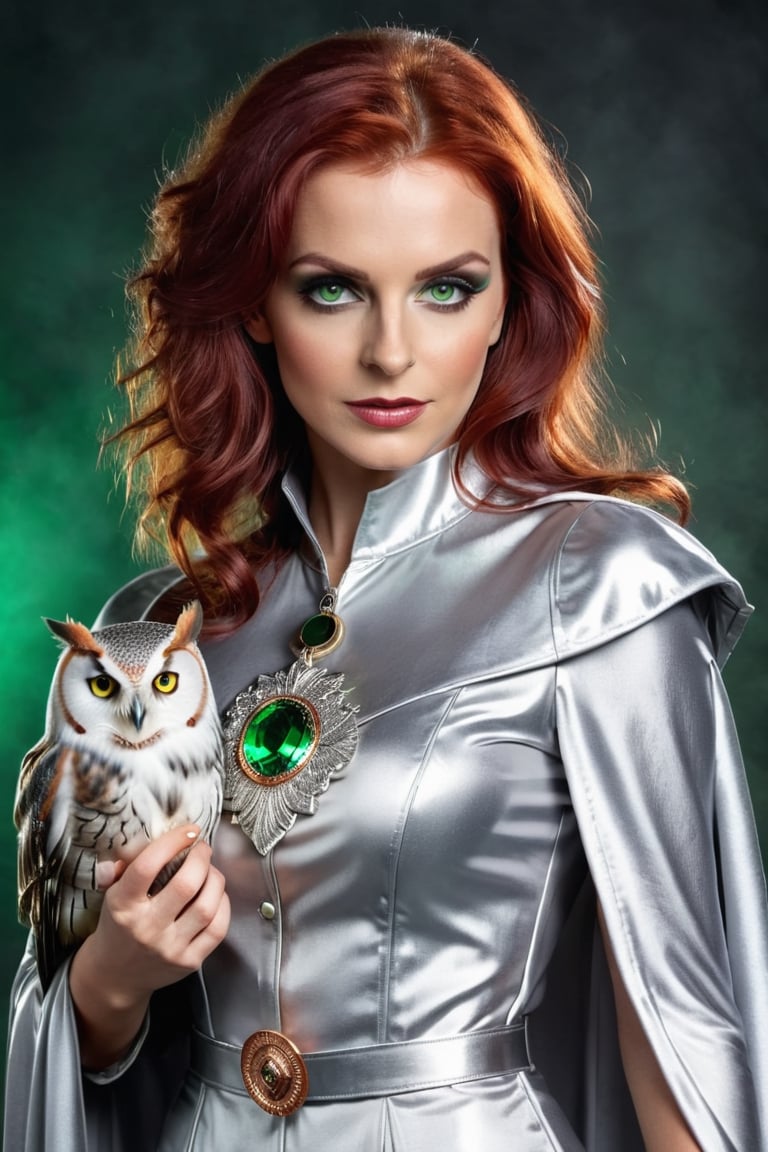 Attractive women magician. in silver outfit with reddish hair and green eyes, wearing a medallion with an owl symbol, full body, realistically