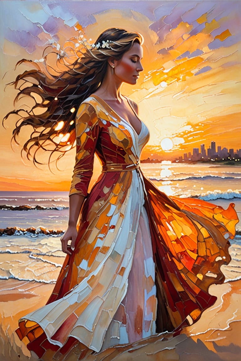 A stunning painting captures a tender moment between a woman and her majestic horse, using the palette knife technique to create rich texture and depth. Warm, earthy colors of orange, red, brown, and yellow dominate the scene, further emphasizing the intimate connection between the two. The woman, dressed in a flowing white linen gown, walks confidently towards the viewer, her curves accentuated by the golden sunlight that creates a soft, translucent effect on her garment. The dramatic sunset at the beach and the distant city skyline serve as a serene backdrop, with the sun casting a warm, golden glow over the entire scene. The artist masterfully blends color and texture, capturing the essence of tranquility and immortalizing this unforgettable moment in time.