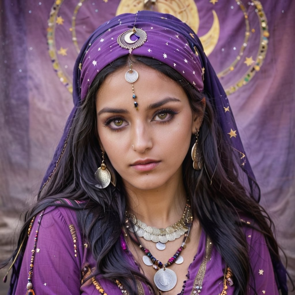 Gypsy woman, 27 years old, long black hair, expressive eyes, bind on the forehead, purple gypsy clothes with moons and stars, headscarf with coins, gypsy jewelry