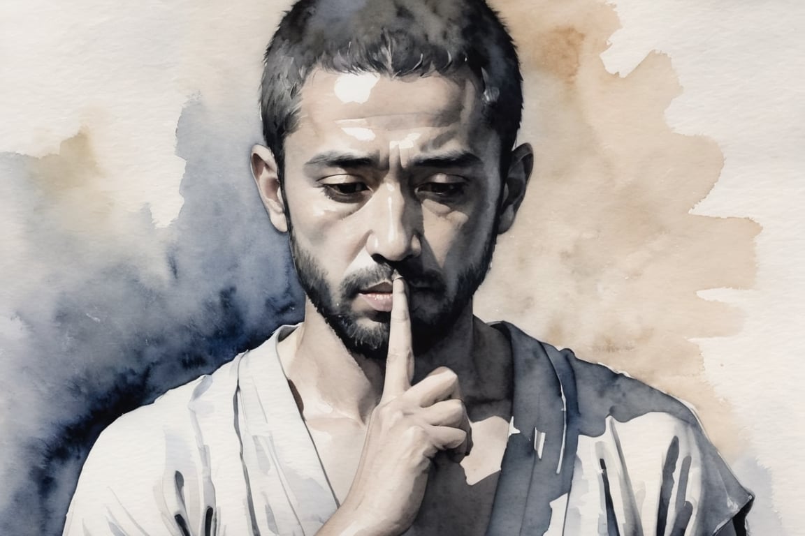 a watercolor painting of a stoic figure, embodying strength and silence, with a finger over his lips. Inspired by traditional Japanese ink wash paintings. Color temperature: neutral. Lighting: minimal, highlighting the figure's features. Atmosphere: serene.--v 5 --stylize 1000