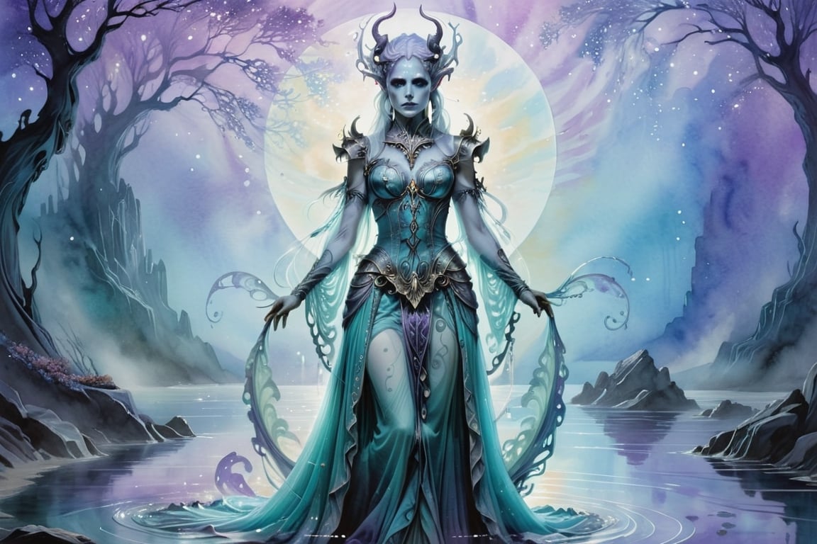 A luminous, ethereal draugr with intricate rococo-inspired attire, glowing softly in shades of aqua and lavender against a watercolor background. This stunning image is a painting, showcasing the undead figure in a delicate yet haunting manner. The draugr's flowing gown shimmers like moonlight on water, while delicate swirls of bioluminescence dance around its form. Every brushstroke is masterfully executed, capturing the eerie beauty of this spectral being with exquisite detail.