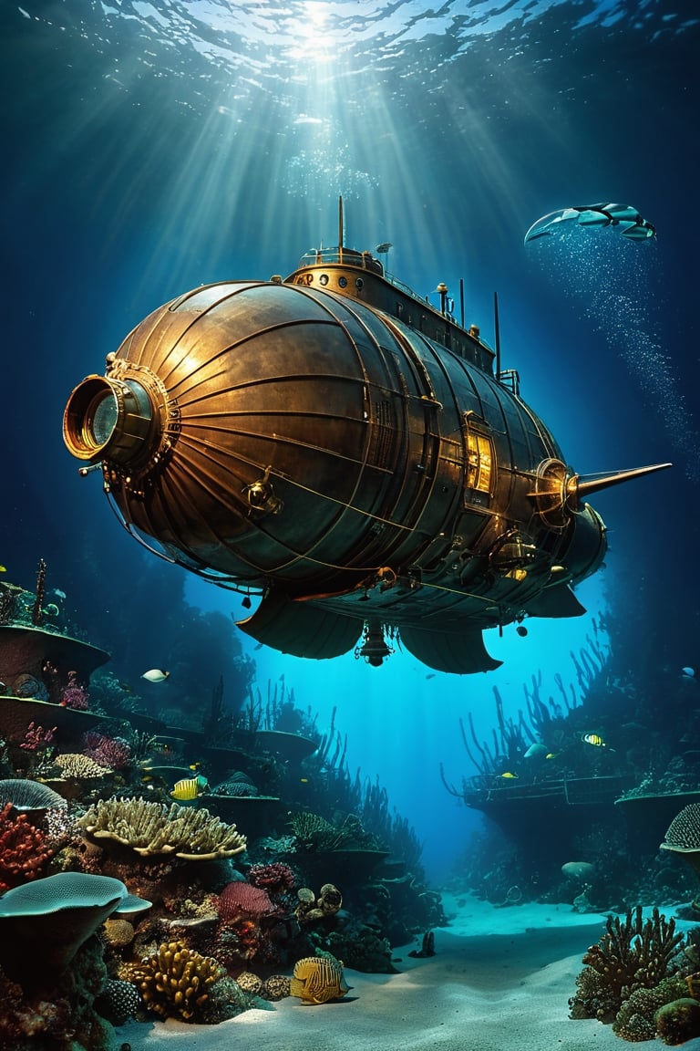 national geographic's photography of a steampunk nautilus submarine, wide angle sea cam, beautiful deep-sea strobe lighting, underwater caustics, photon mapping and radiosity techniques, very detailed, twenty thousand leagues under the seas and journey to the center of the earth, the extraordinary voyages of jules verne, art nouveau scenario by fritz lang and pieter bruegel, bernardo belloto and ansel adams landscape, the abyss vfx by james cameron