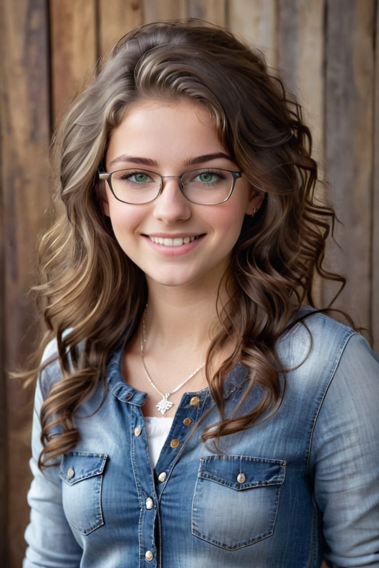 A stunning ultra-realistic photo of a 19-year-old woman with long, curly brown hair and green eyes wearing glasses. She has a gentle smile on her face, and her hair frames her youthful, radiant features. She is dressed in casual country-chic attire, wearing a discreet silver necklace and a pair of well-fitted jeans. The overall ambiance of the photo is warm and inviting, highlighting the 8k detail that captures every subtle nuance of her appearance., photo