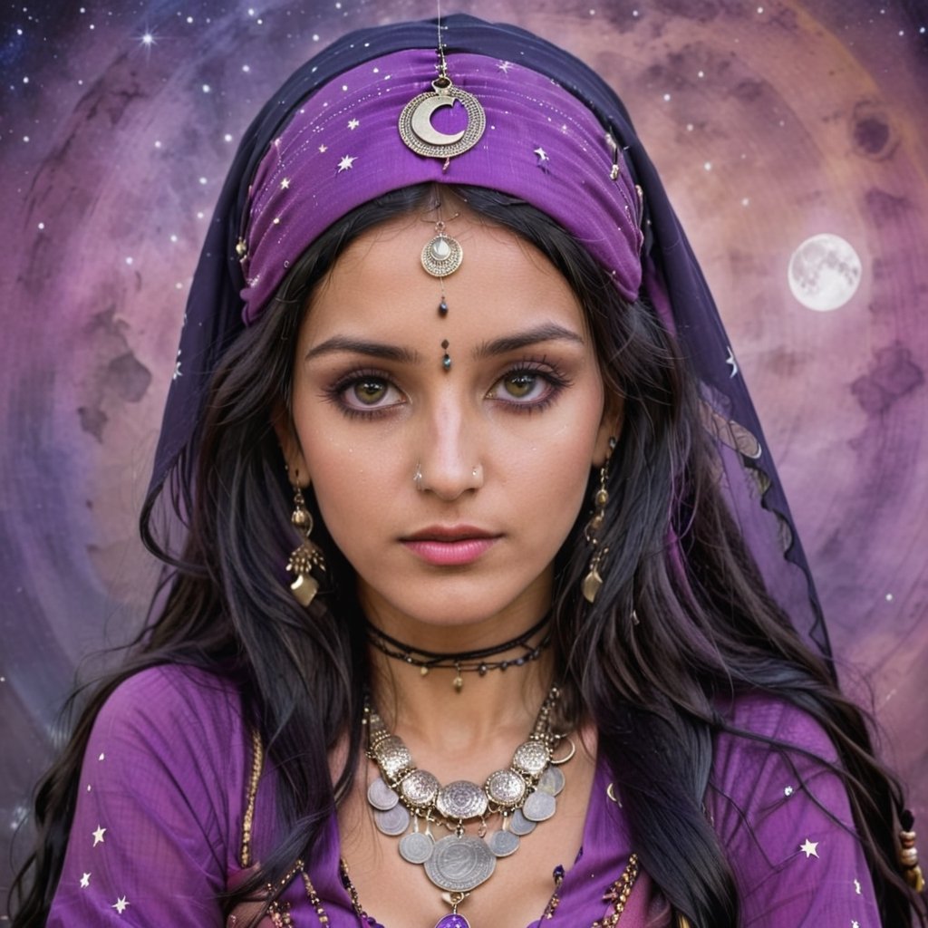 Gypsy woman, 27 years old, long black hair, expressive eyes, bind on the forehead, purple gypsy clothes with moons and stars, headscarf with coins, gypsy jewelry