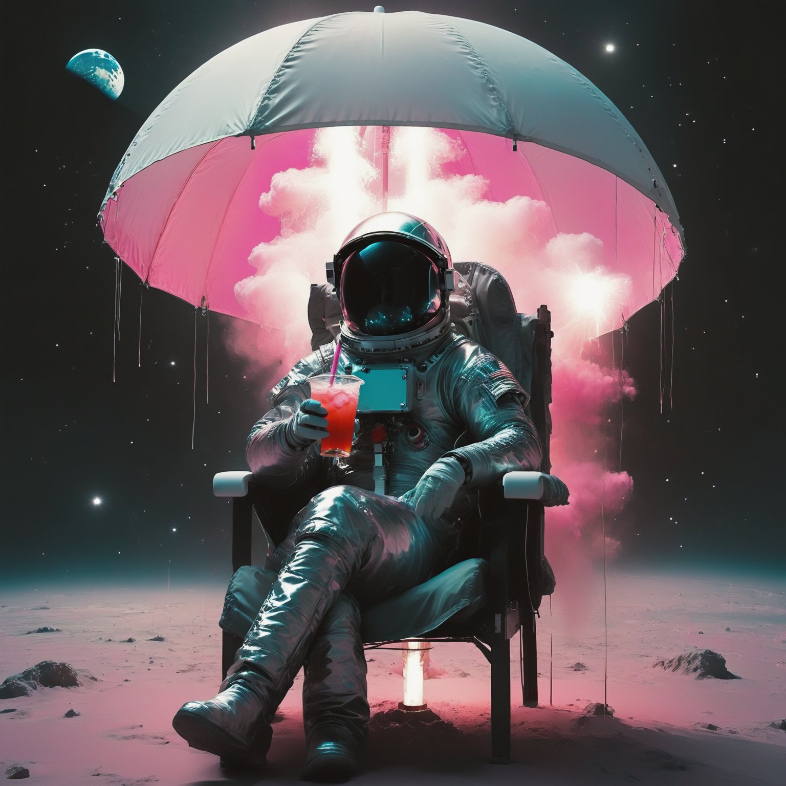 An astronaut sitting on a striped pink and white beach chair under an umbrella with a drink in hand on what appears to be the moon. The astronaut is wearing a silver spacesuit with a reflective helmet. Behind the astronaut, there's a galactic pink view of Earth from space, with the planet appearing to be exploding. The vastness of space is filled with stars, explosion fragments, and the moon's surface is dotted with rocks and craters., photo