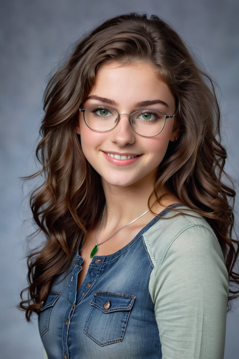 A stunning ultra-realistic photo of a 19-year-old woman with long, curly brown hair and green eyes wearing glasses. She has a gentle smile on her face, and her hair frames her youthful, radiant features. She is dressed in casual country-chic attire, wearing a discreet silver necklace and a pair of well-fitted jeans. The overall ambiance of the photo is warm and inviting, highlighting the 8k detail that captures every subtle nuance of her appearance., photo