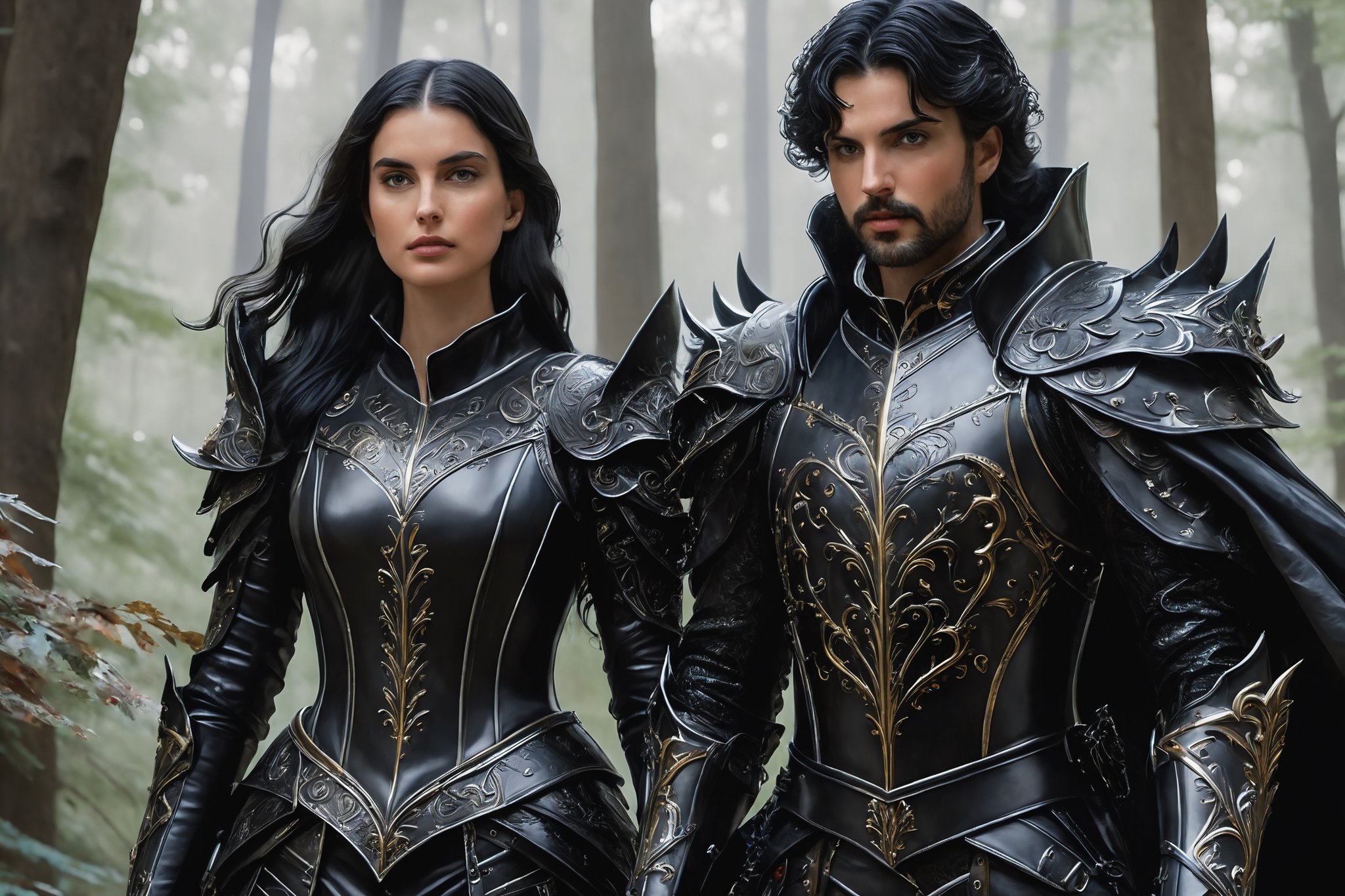 masterpiece, high_res, high quality,
stunningly beautiful splash art of a black knight and queen in a forest, They must be incredibly attractive, faces visible, 15th century leather armor. ((((Over the top of her suit they wear a loose cloak)))). The picture should be epic and memorable. Incredibly meticulous attention to detail. The result should be a combination of handwritten painting and realistic graphics. Use the experience of the best video game studios.
 
,Leonardo Style,DonMN1gh7D3m0nXL
