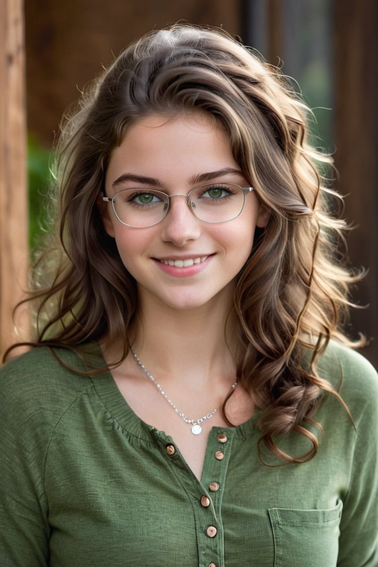 A stunning ultra-realistic photo of a 19-year-old woman with long, curly brown hair and green eyes wearing glasses. She has a gentle smile on her face, and her hair frames her youthful, radiant features. She is dressed in casual country-chic attire, wearing a discreet silver necklace and a pair of well-fitted jeans. The overall ambiance of the photo is warm and inviting, highlighting the 8k detail that captures every subtle nuance of her appearance., photo