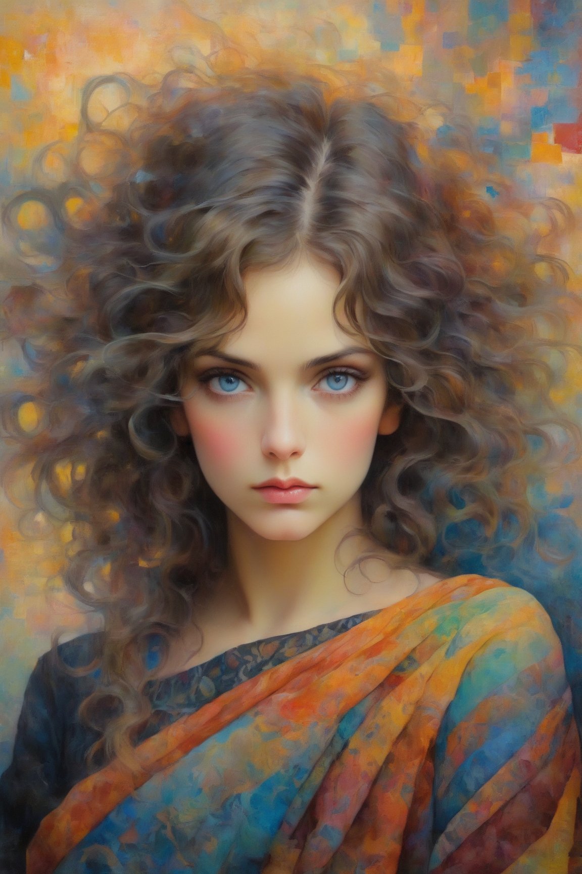 A captivating painting of a bohemian woman partially portrayed in a semi-realistic, painterly style. Her figure is adorned with intricate patterns and vibrant colors, her eyes gazing intently outwards. Delicate brushstrokes bring life to the delicate details of her face and attire. The background is a mesmerizing abstract painting of swirling colors and textures, subtly merging with the subject's attire. This enchanting illustration creates a dreamy, surreal atmosphere that draws the viewer into a world of fantasy and wonder., illustration, painting