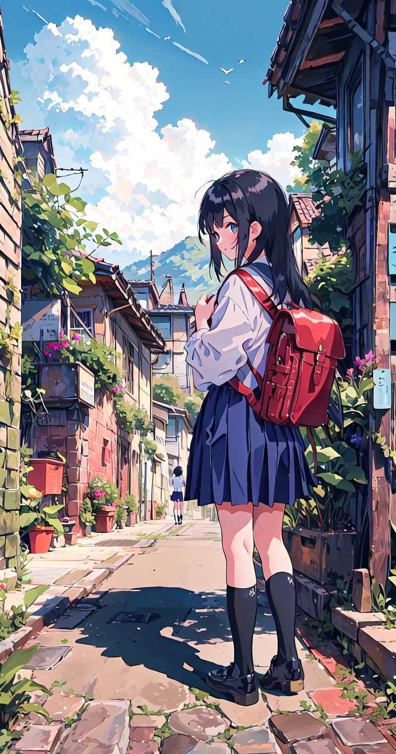 1girl, solo, long hair, looking at viewer, skirt, black hair, dress, school uniform, standing, outdoors, shoes, day, socks, bag, backpack, plant, scenery