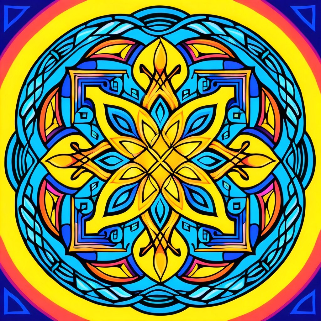 A mandala that incorporates traditional Celtic knotwork patterns with a vibrant color scheme inspired by pop art