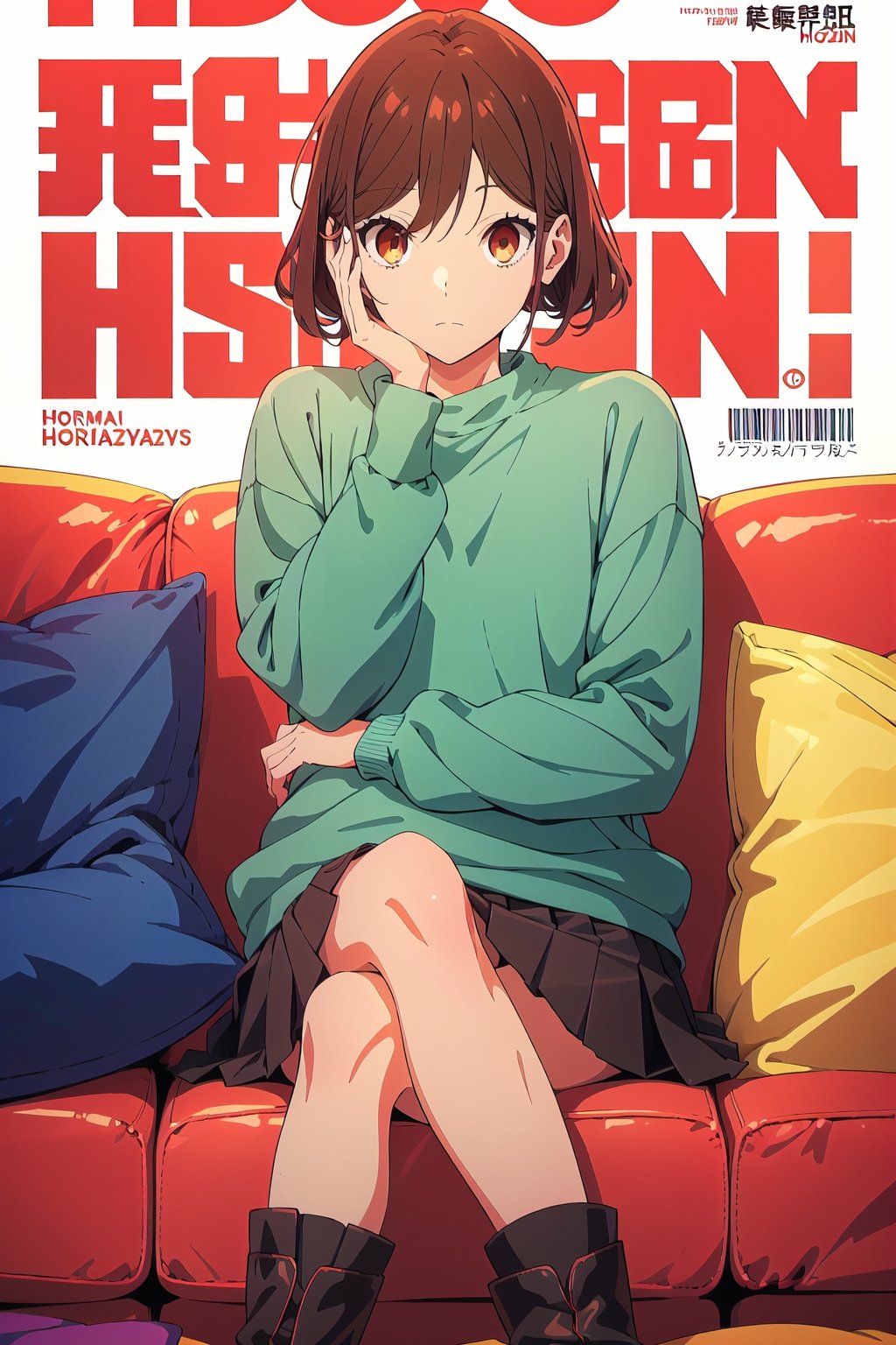 horimiya_hori,1girl ,brown eyes,
vintage hairstyle,magazine cover,modeling pose, foreground,oversized sweatshirt tucked under skirt,tight skirt,vintage boots,leg warmers,sitting,pov_eye_contact,crossed legs,sofa,
hand on face,
puffed sleeves