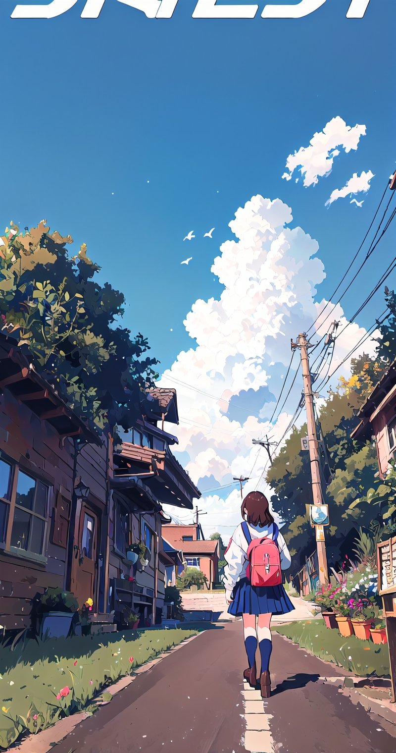 1girl, solo, skirt, brown hair, long sleeves, standing, jacket, boots, outdoors, sky, day, socks, cloud, bag, from behind, scarf, tree, blue sky, kneehighs, brown footwear, backpack, grass, plant, building, scenery, walking, facing away, potted plant, road, house, power lines, utility pole,((magazine cover:VidArtist23))