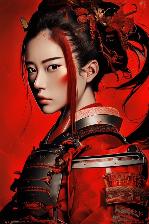 A beautiful female samurai ,portrait, red theme, 1 girl