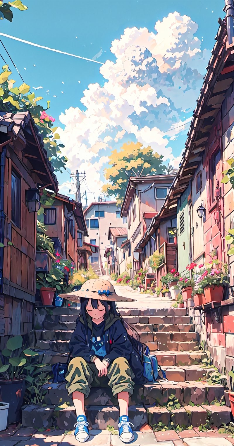 1girl, solo, long hair, black hair, long sleeves, hat, sitting, jacket, closed eyes, outdoors, sky, shoes, day, pants, cloud, black footwear, blue sky, shadow, plant, building, sneakers, scenery, stairs, sign, straw hat, potted plant, road, house, power lines, street, utility pole, yellow headwear, flower pot, air conditioner