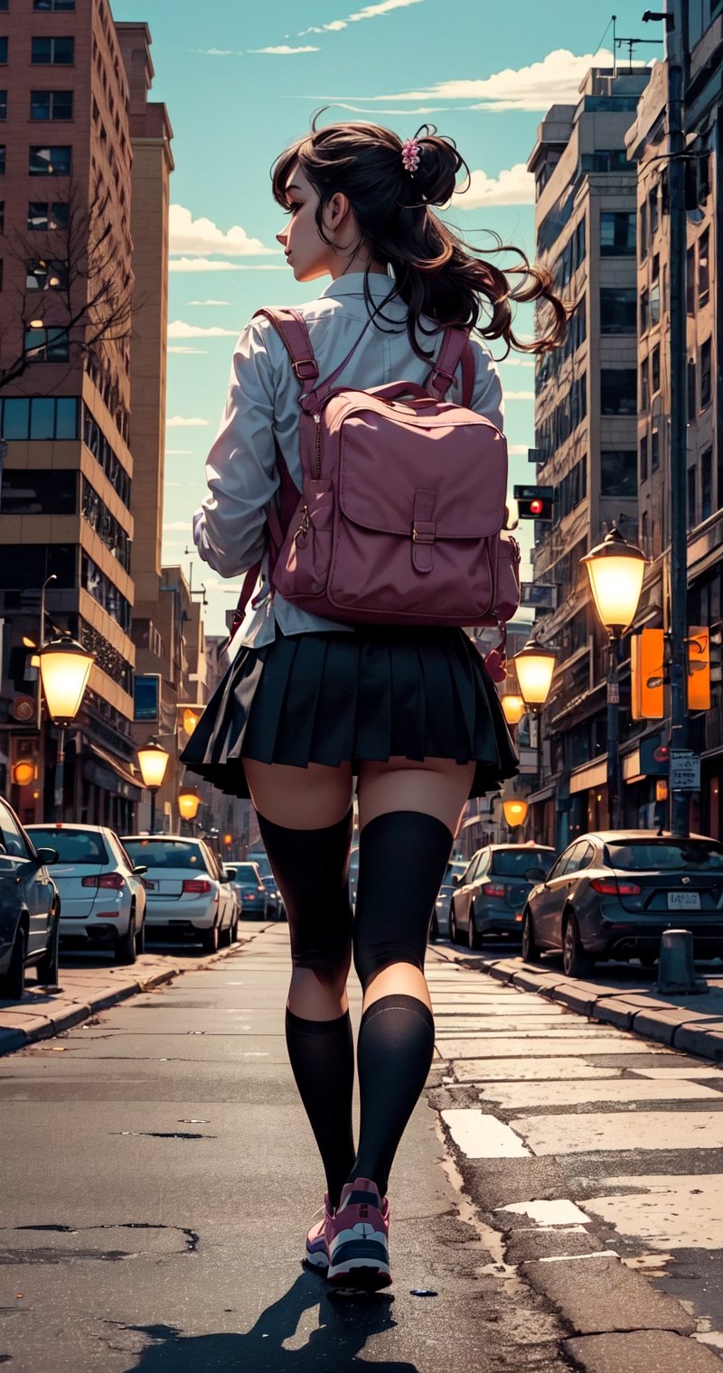 (fulldetail), (4k), 8k, long hair, multiple girls, skirt, shirt, black hair, hair ornament, long sleeves, dress, 2girls, school uniform, white shirt, pleated skirt, outdoors, sky, shoes, socks, black skirt, bag, from behind, two side up, tree, night, holding hands, backpack, building, sneakers, star \(sky\), night sky, scenery, starry sky, walking, shoulder bag, city, sign, road, lamppost, street, midjourney, perfect face, perfect body, ((perfect hands:1.3)), perfect legs